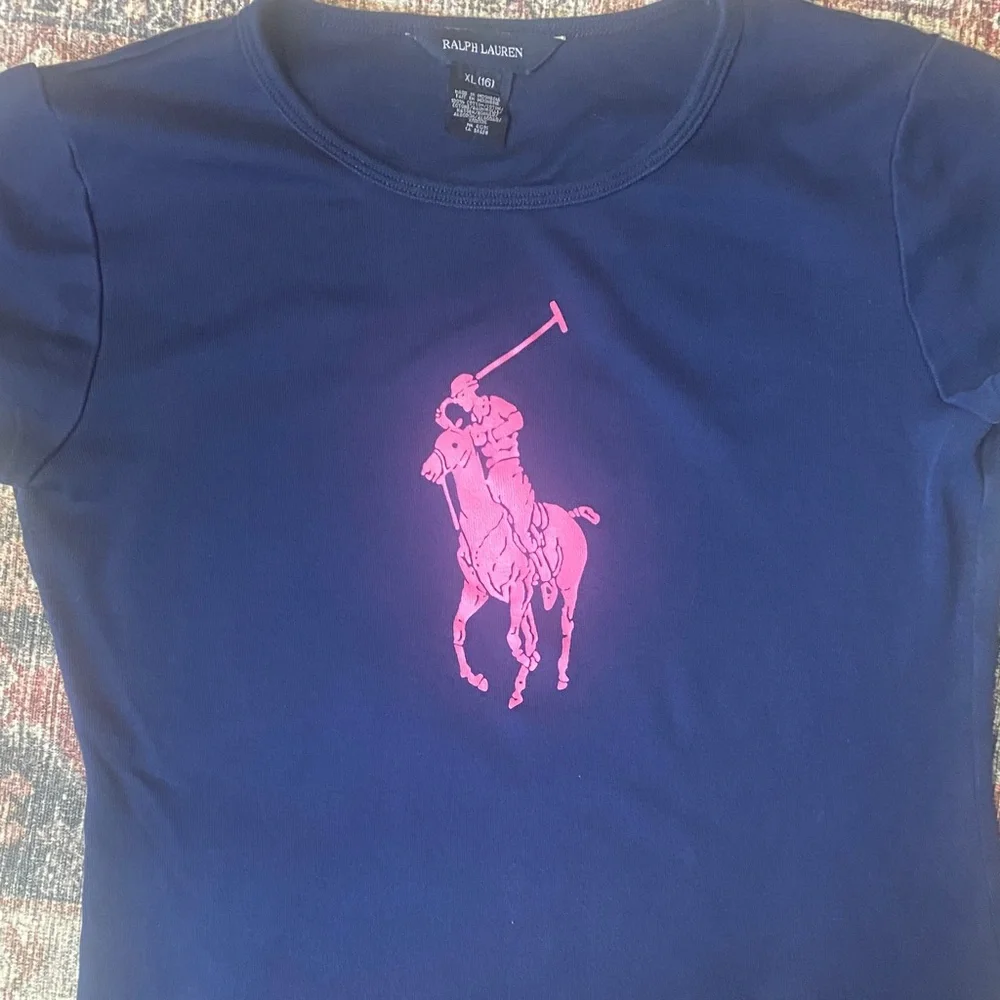 Ralph Lauren Navy Short-Sleeve Tee with Pink Horse Polo Logo 100% Cotton